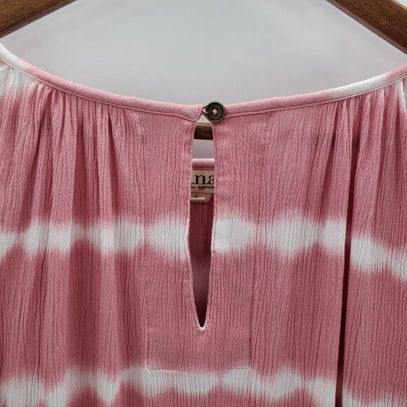 A.n.a Womens Pink White Tie Dye Striped Blouse Top Sz L Long Sleeve Keyhole Neck - Picture 9 of 14